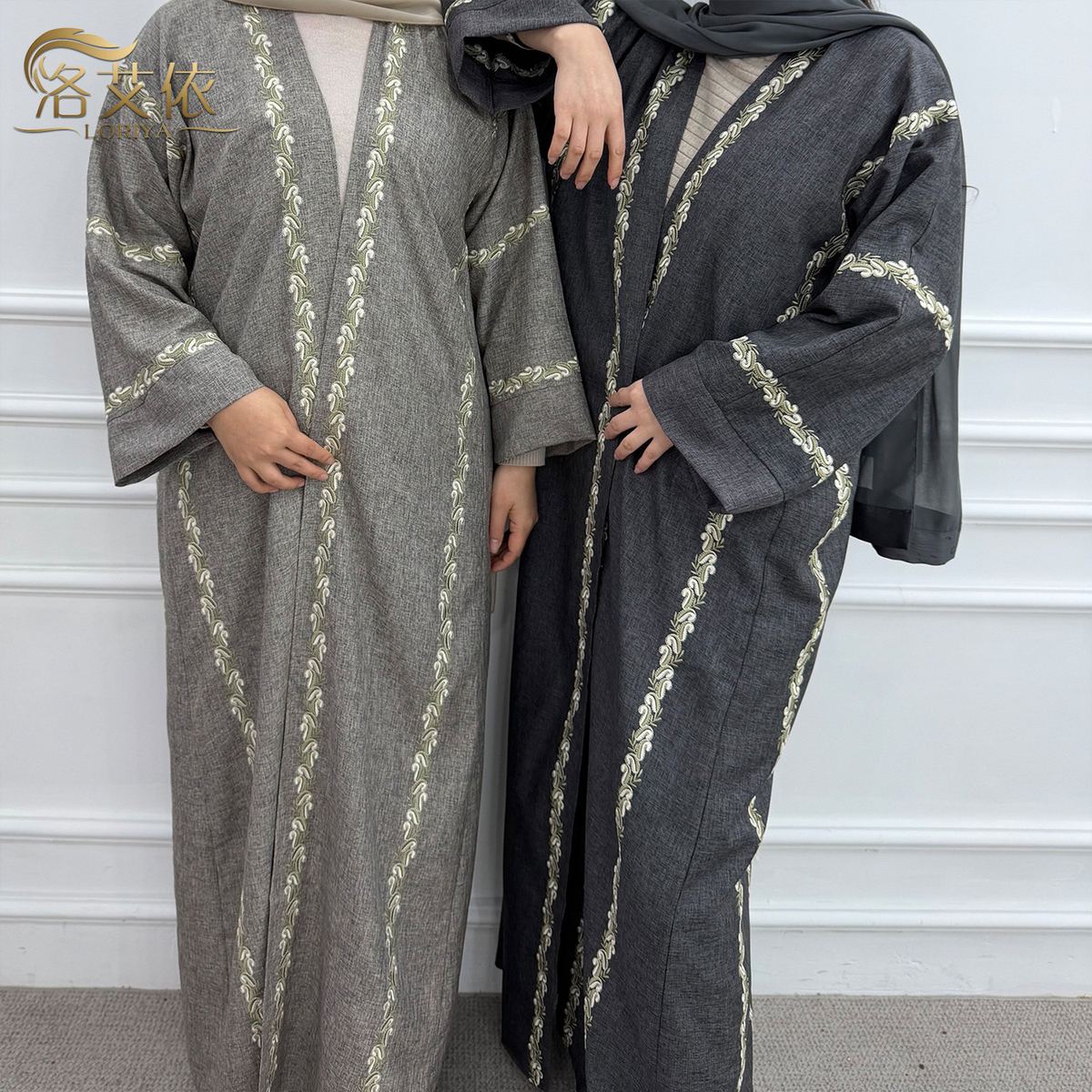 Model in a grey embroidered longline cardigan abaya — wholesale from Promistars