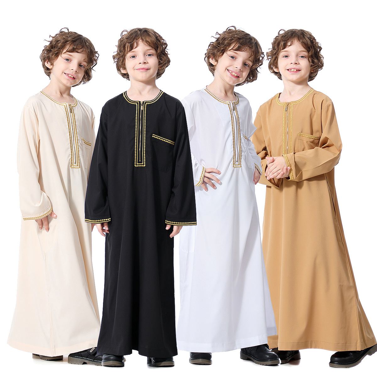 Boys thobe-style zip robe with gold embroidery in four colors