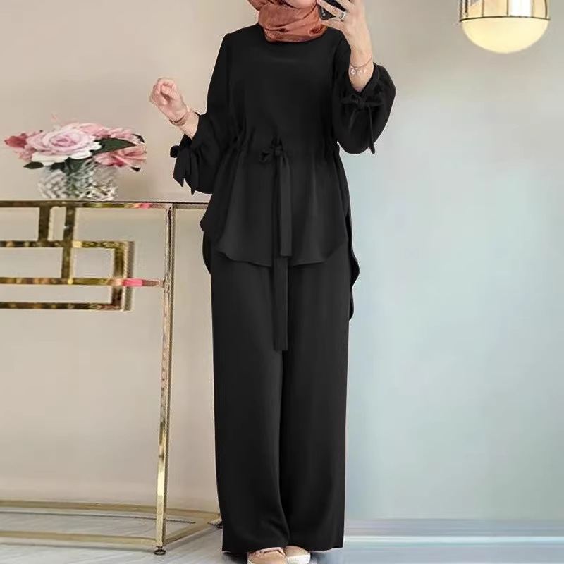 Women's round-neck drawstring top with wide-leg trousers modest set — wholesale from Promistars