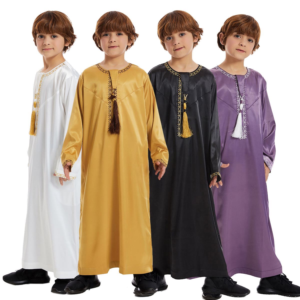 Boys' white satin thobe with gold embroidery and tassel
