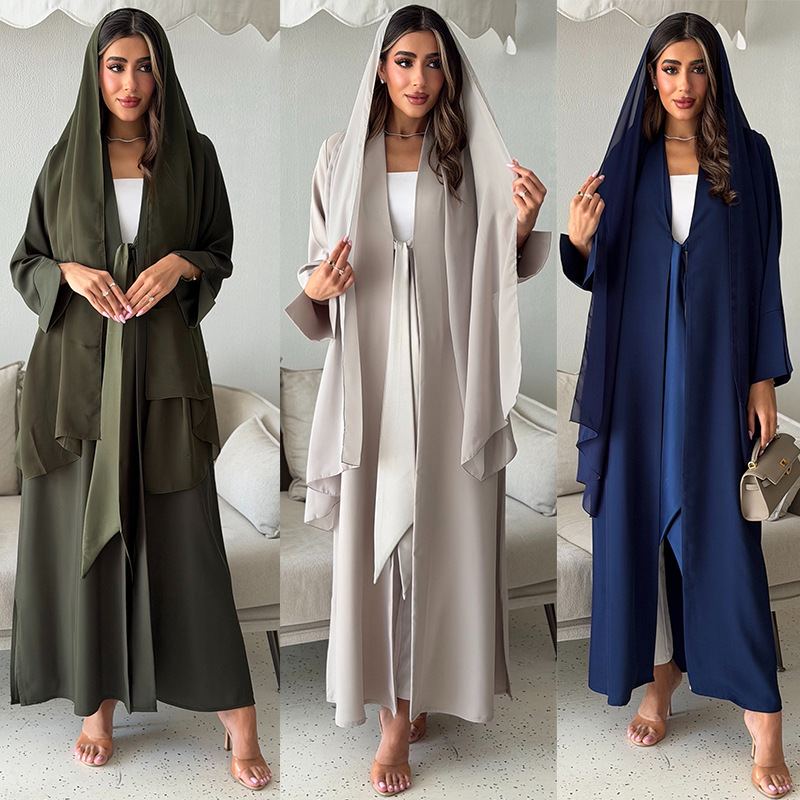 Model wearing olive modest cardigan set with matching chiffon hijab
