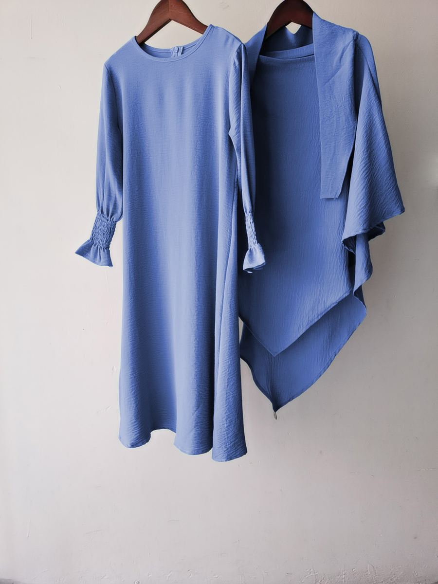 Cornflower-blue crinkle maxi dress with matching draped shawl on hangers