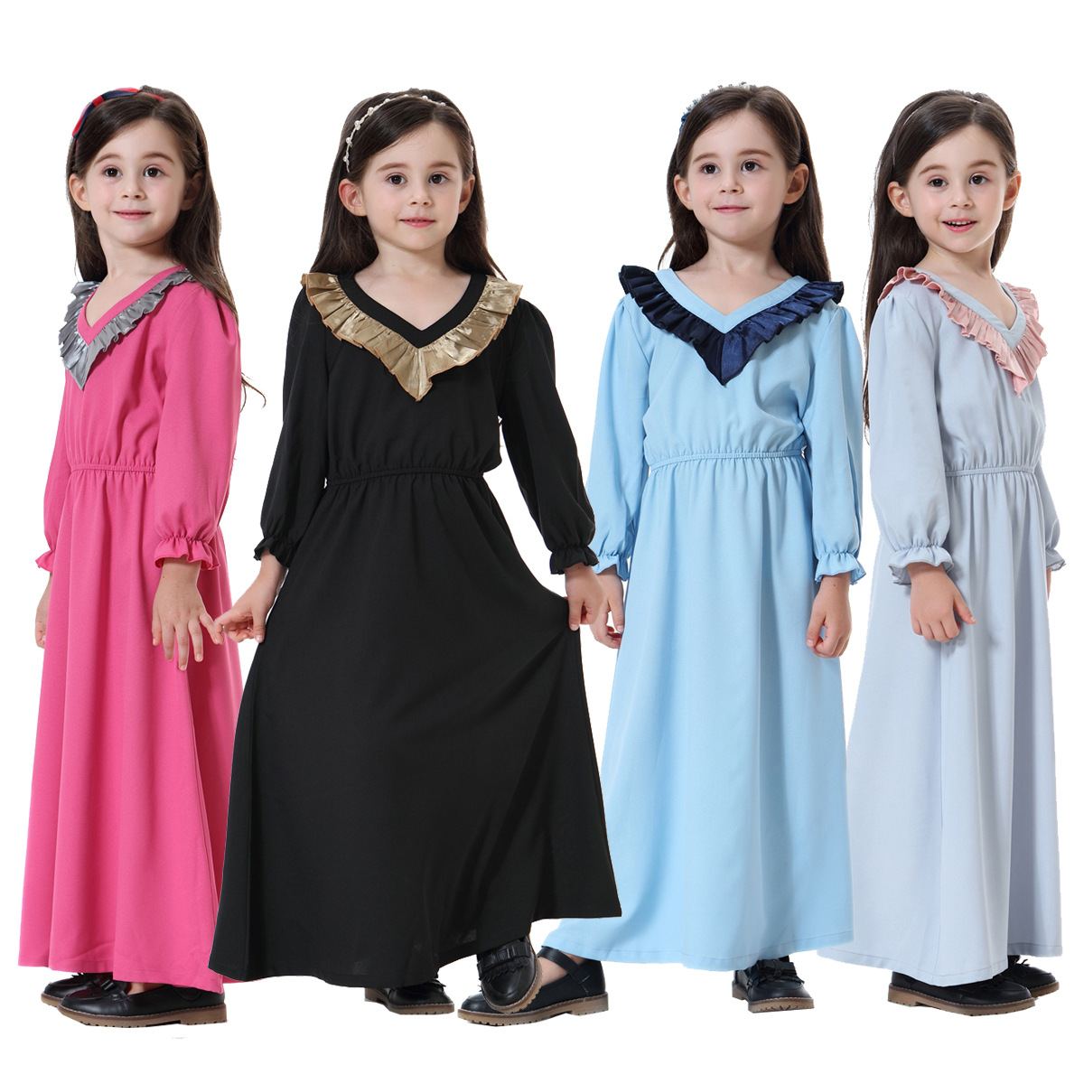 Girls' rose pink ruffle-collar maxi abaya