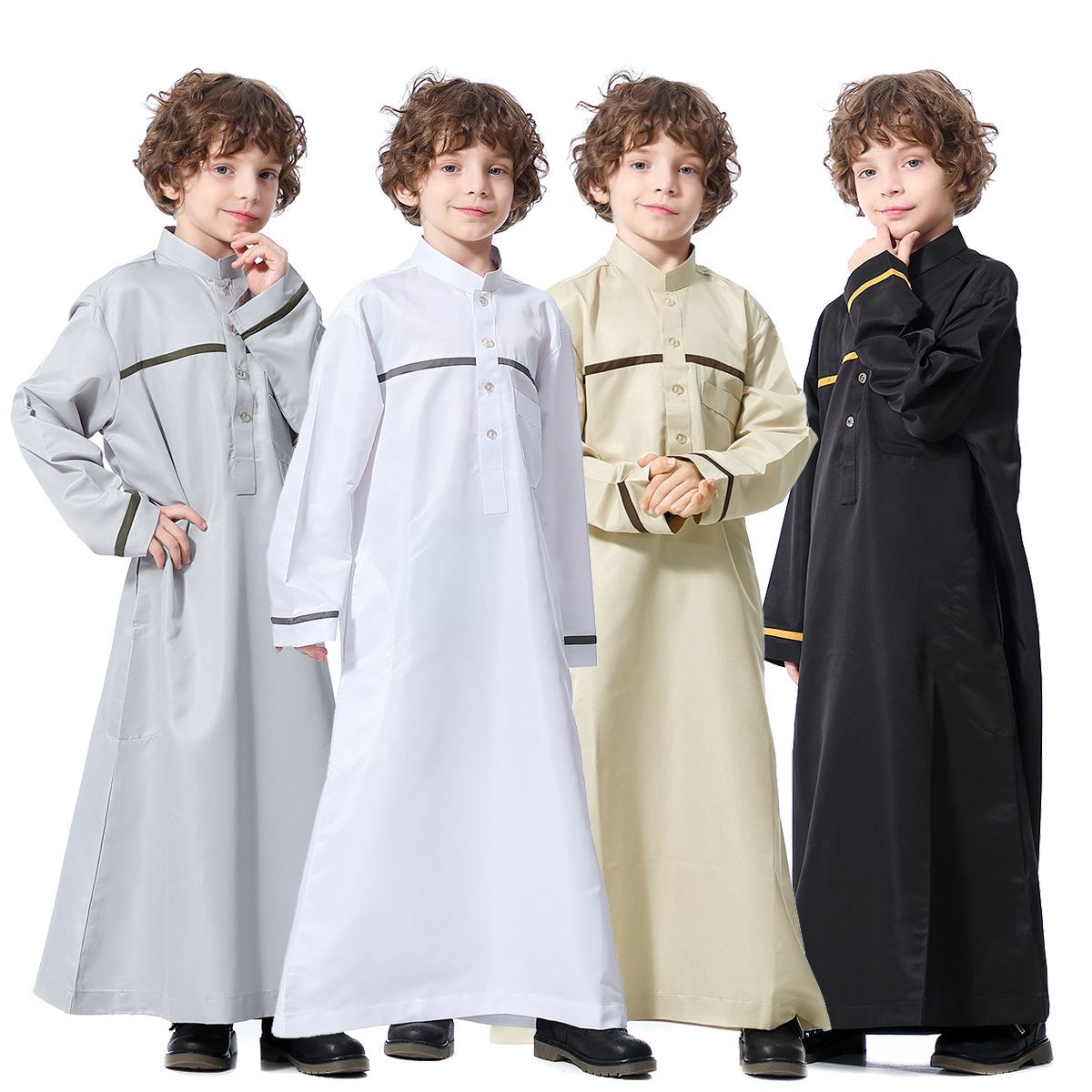 Boys' light grey thobe with contrast stripe band