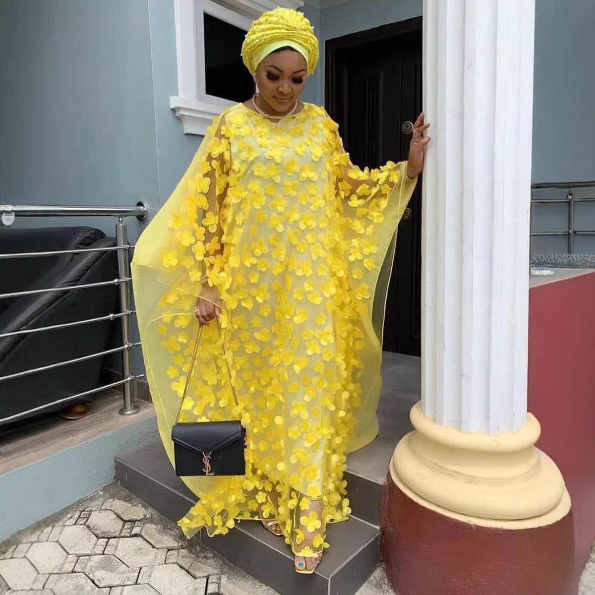 Three-dimensional floral embroidered mesh kaftan with slip dress — wholesale African women's robe photo 2