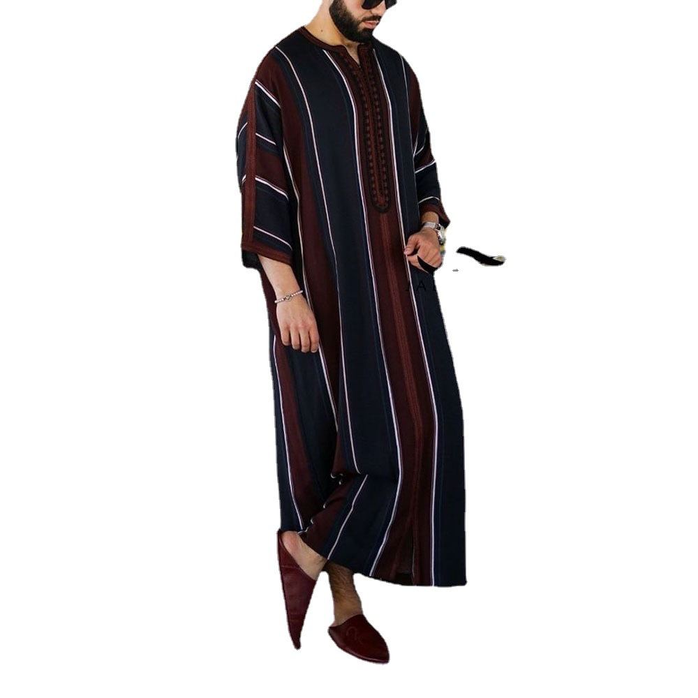 Men's striped relaxed long shirt in navy and wine tones