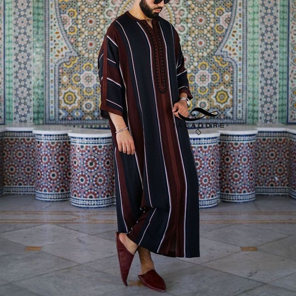 Men's striped relaxed long shirt in navy and wine tones