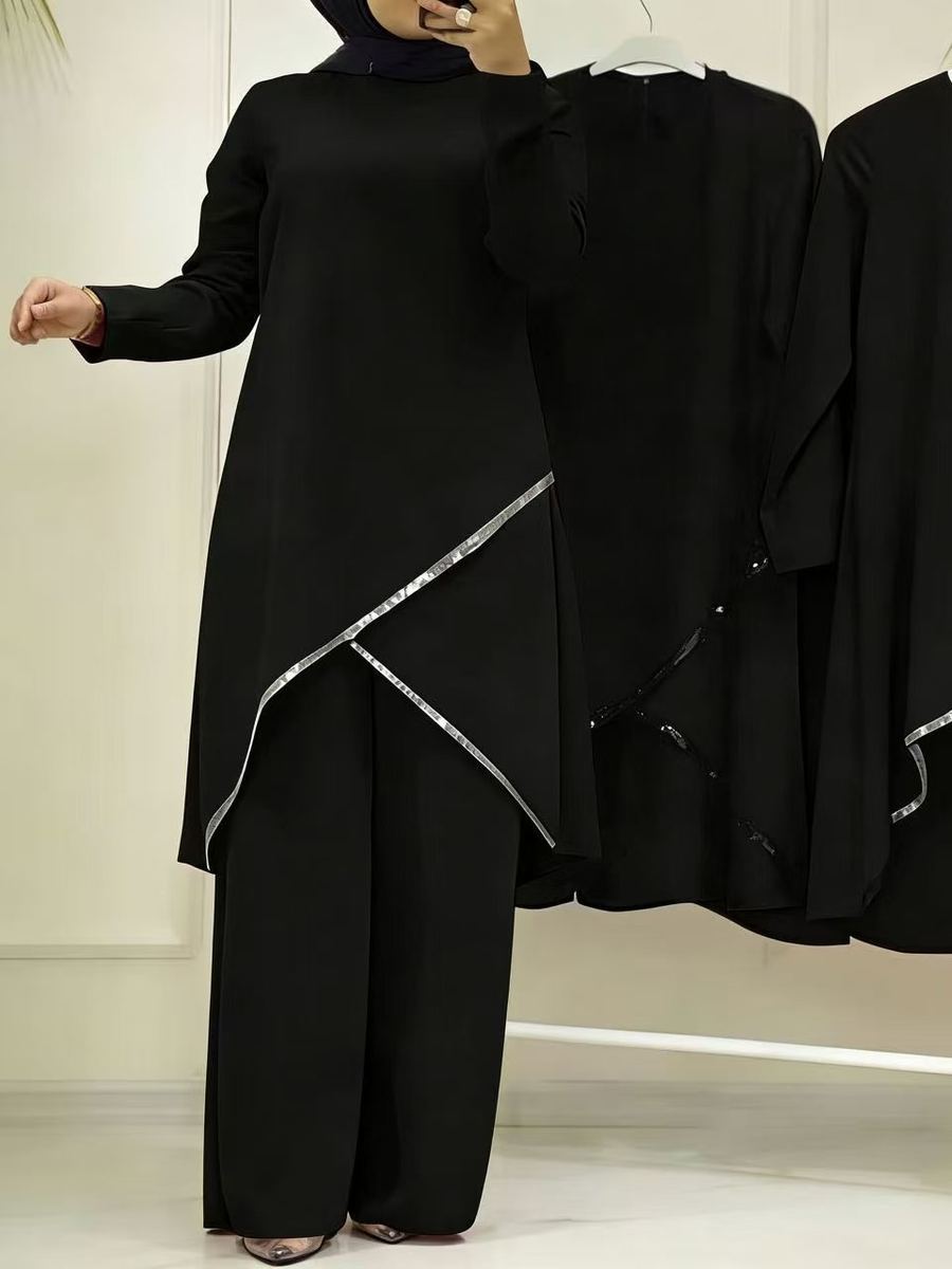 Black modest long-sleeve top with silver-trim wide-leg pants set