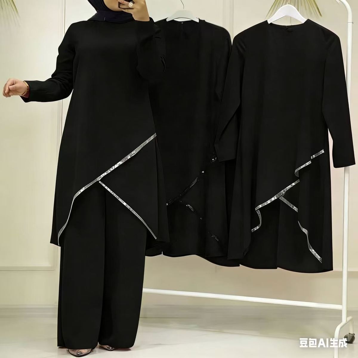 Black modest long-sleeve top with silver-trim wide-leg pants set