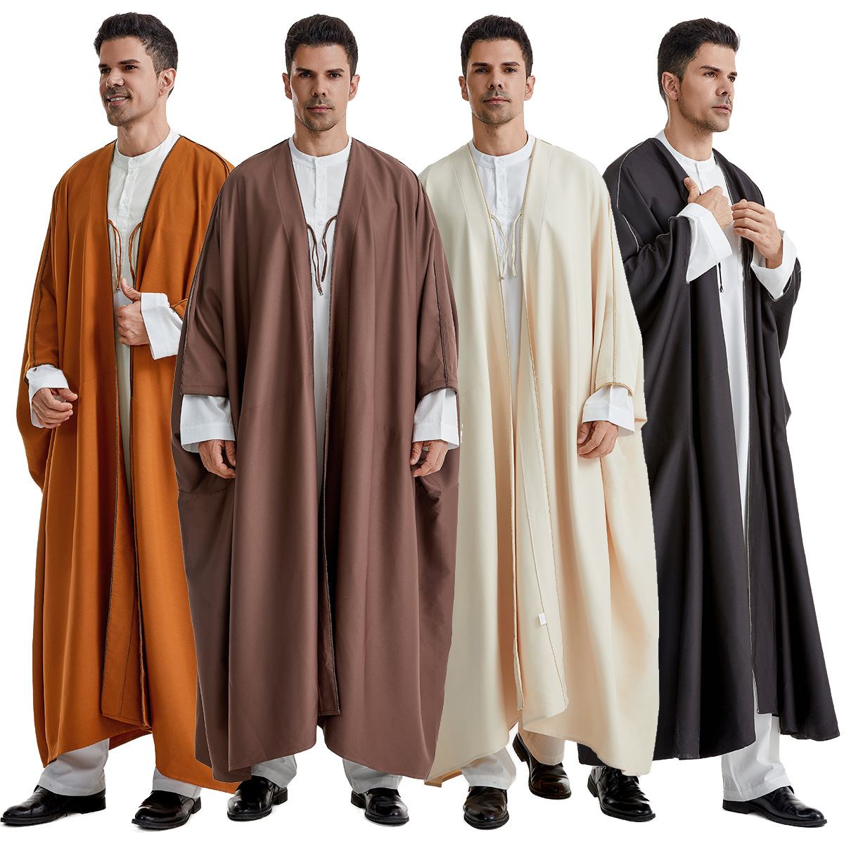 Men in wide-sleeve embroidered over-robes in orange, brown, ivory and black