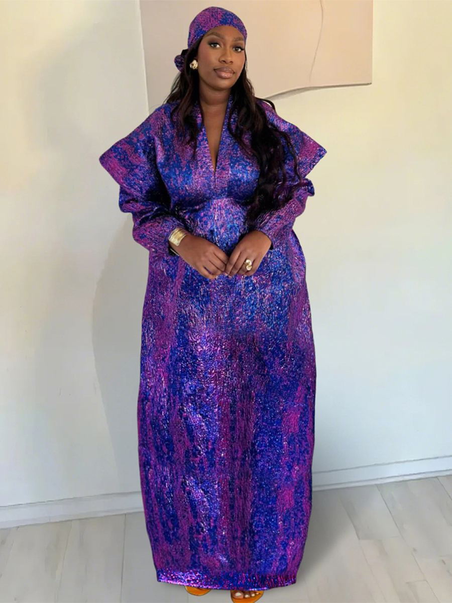 Metallic jacquard robe with deep V-neck and matching headwrap