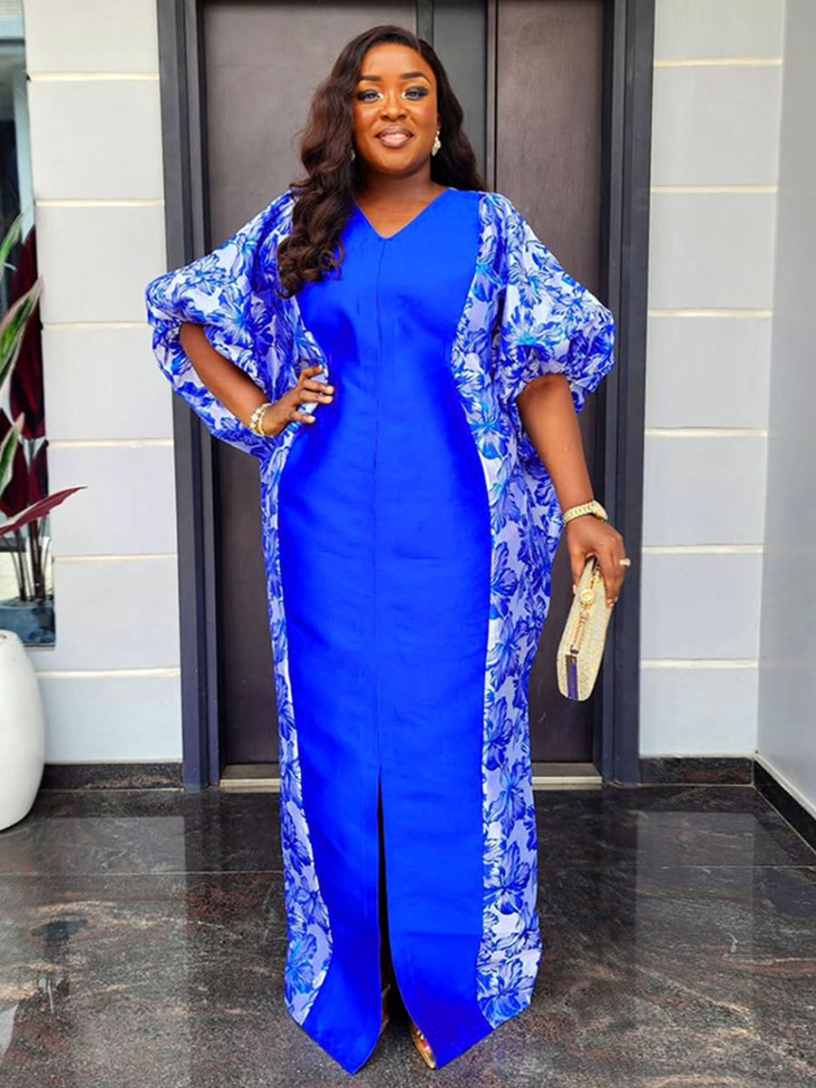 Contrast-print ethnic maxi kaftan robe — wholesale African print clothing