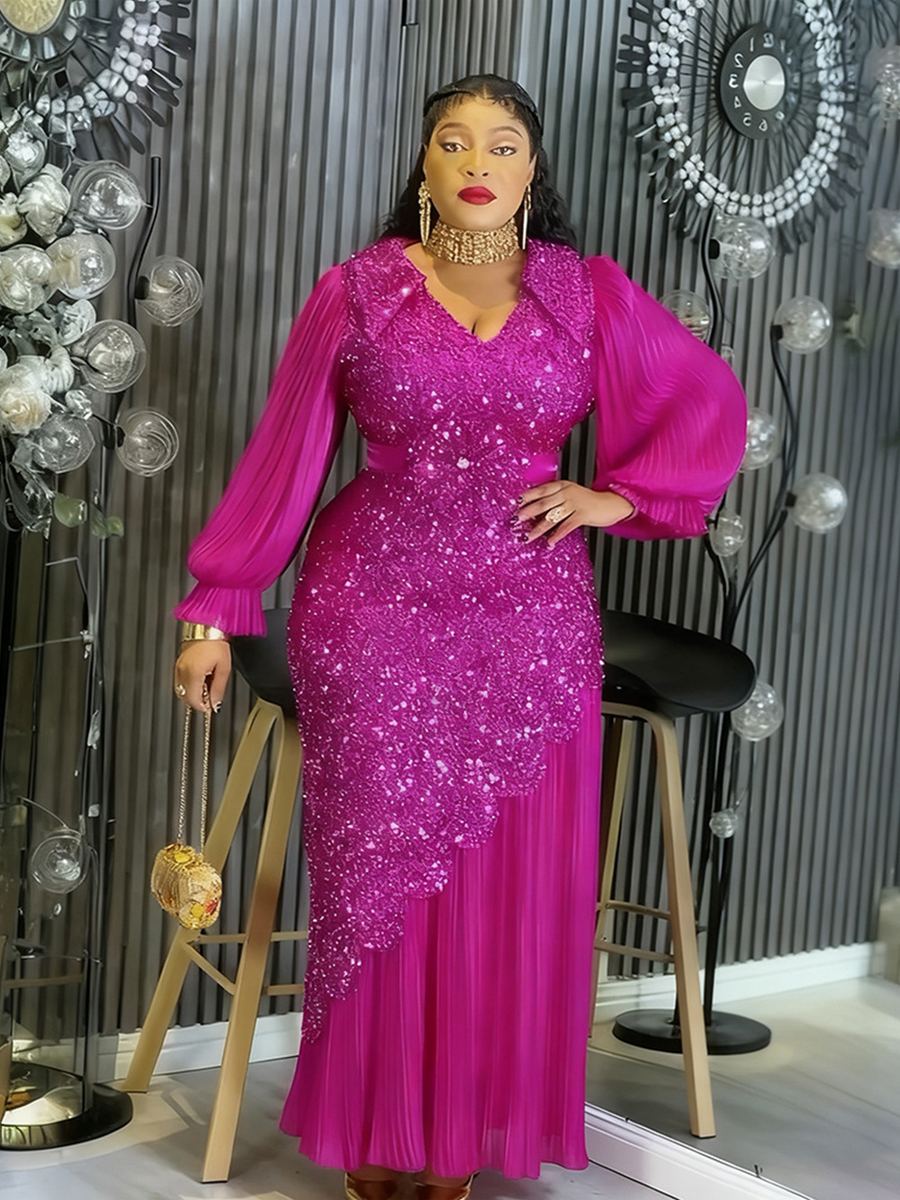 Magenta sequin V-neck evening gown with bishop sleeves — wholesale from Promistars