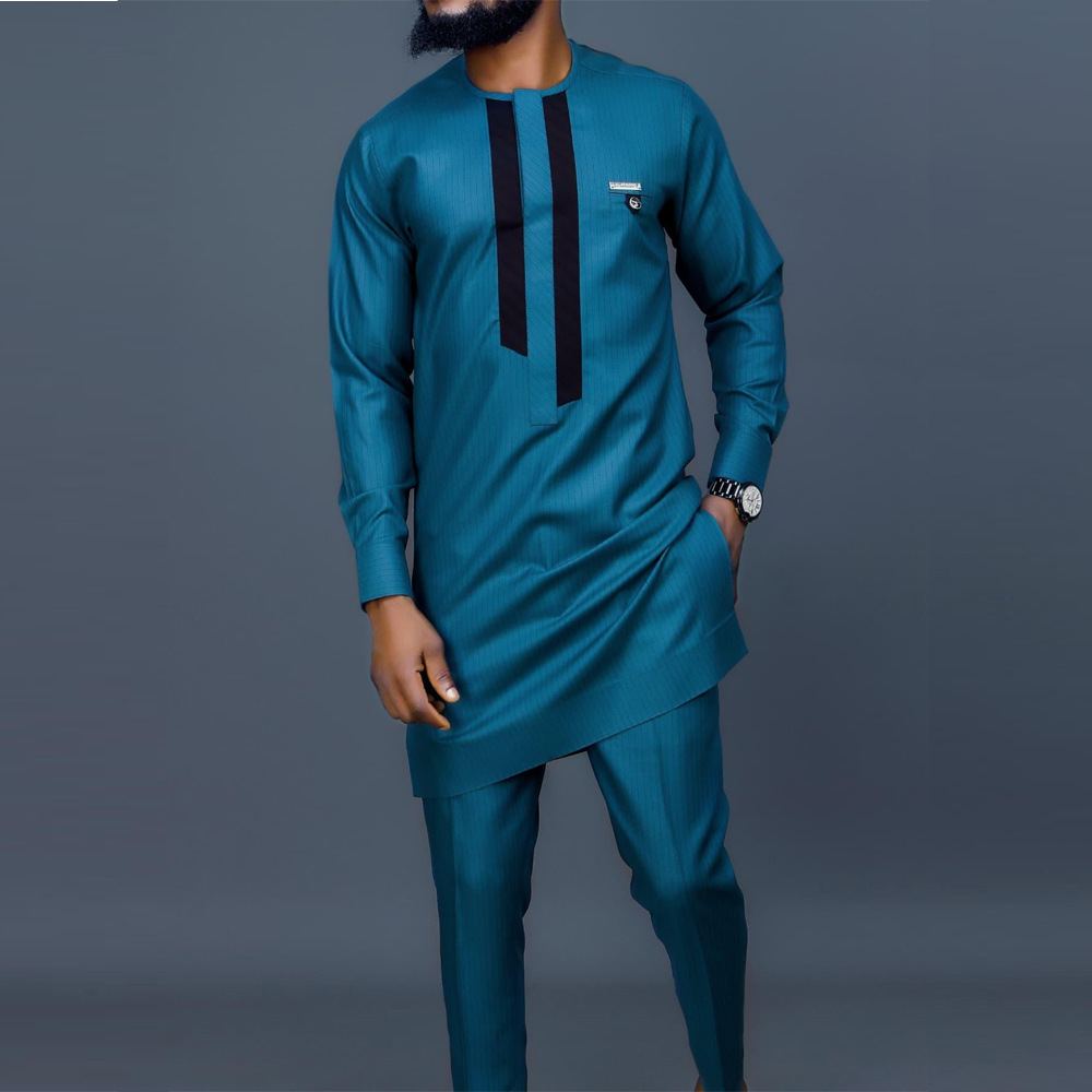 Men's African ethnic two-piece set — teal patchwork tunic with matching trousers