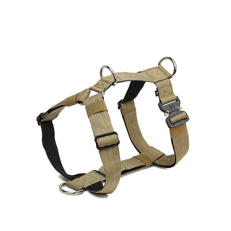 Khaki tactical dog harness vest with metal D-rings