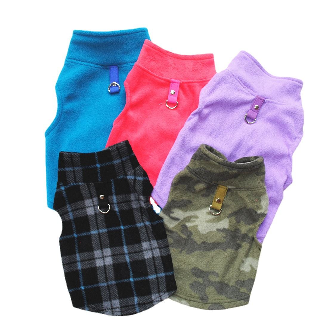 Five polar-fleece dog vests in teal, pink, purple, plaid and camo colors