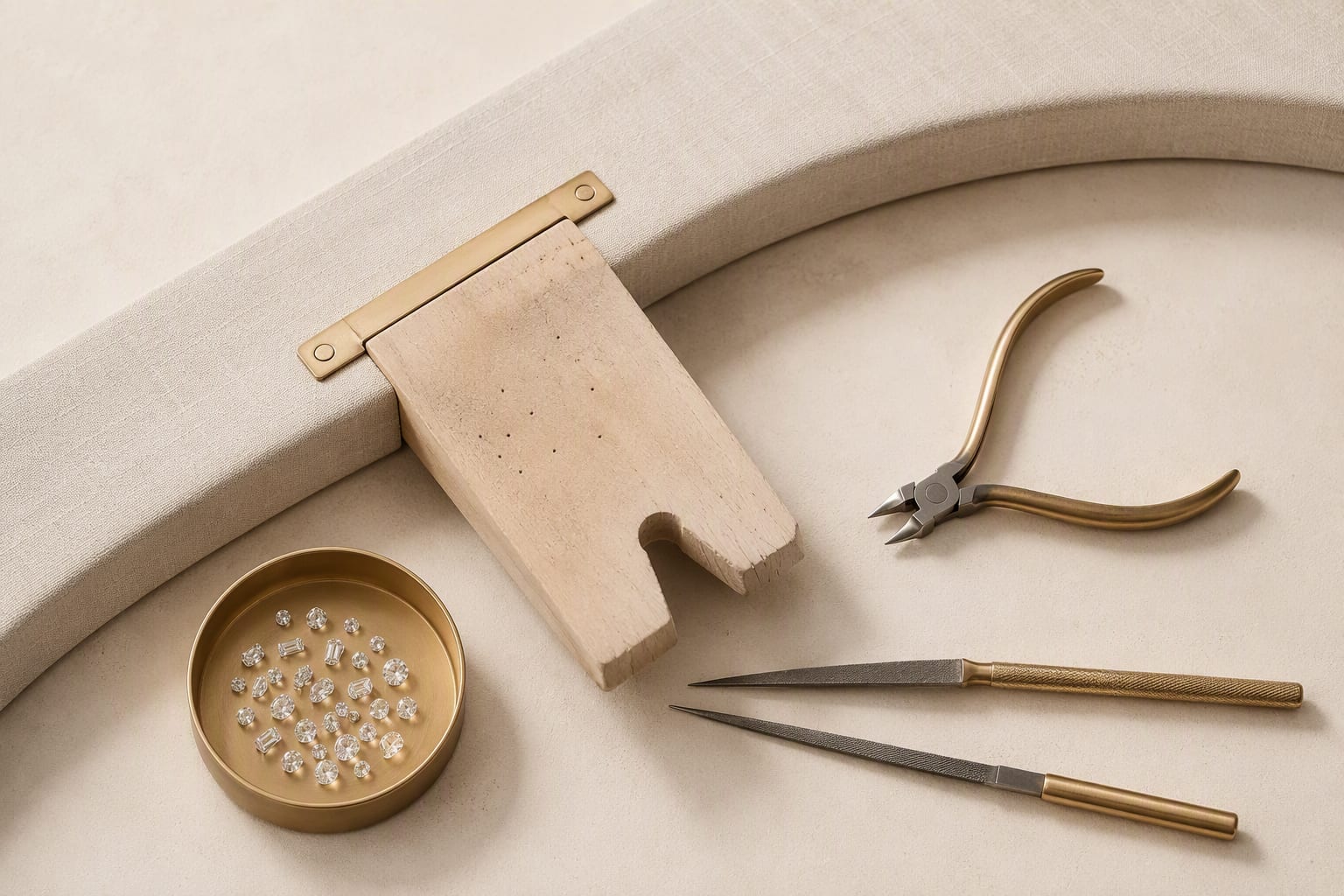 Jeweller's bench seen from above with tools and a tray of stones
