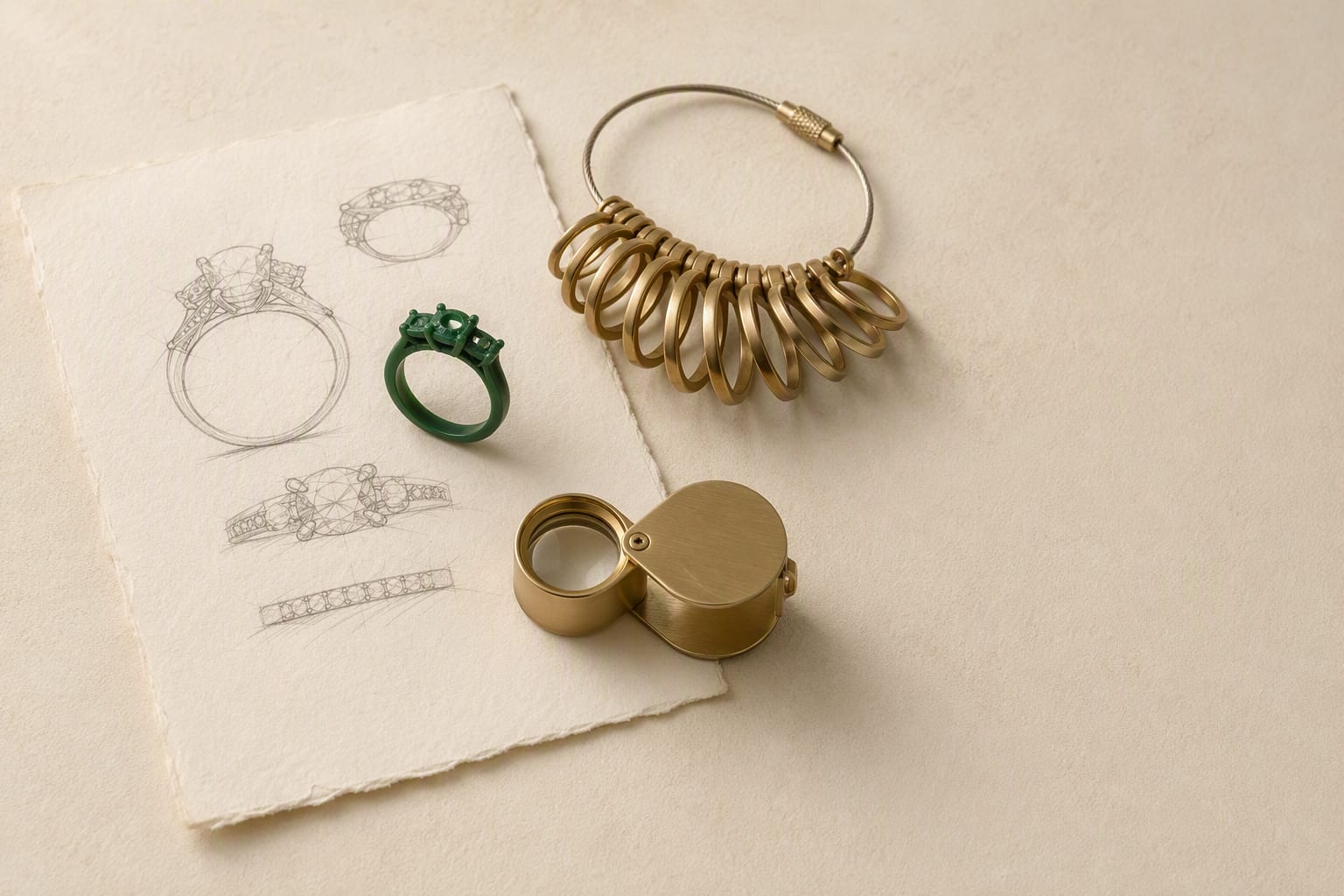 Jewellery design bench with wax model, ring gauges and a loupe