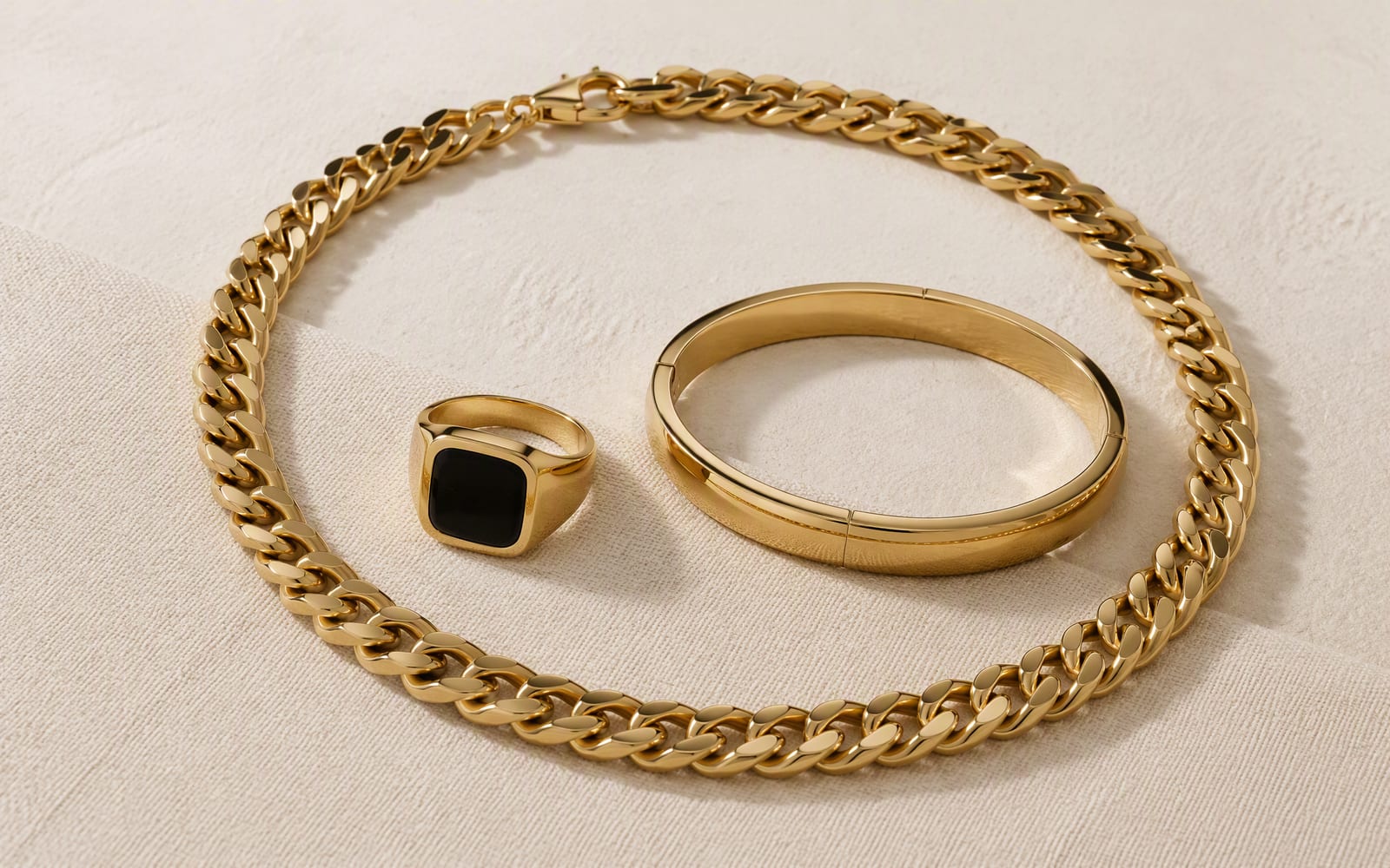 316L stainless steel chain, signet ring and bangle with gold PVD finish