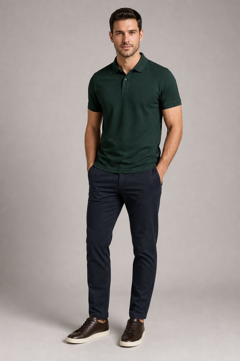 Man wearing a deep forest-green custom pique polo shirt