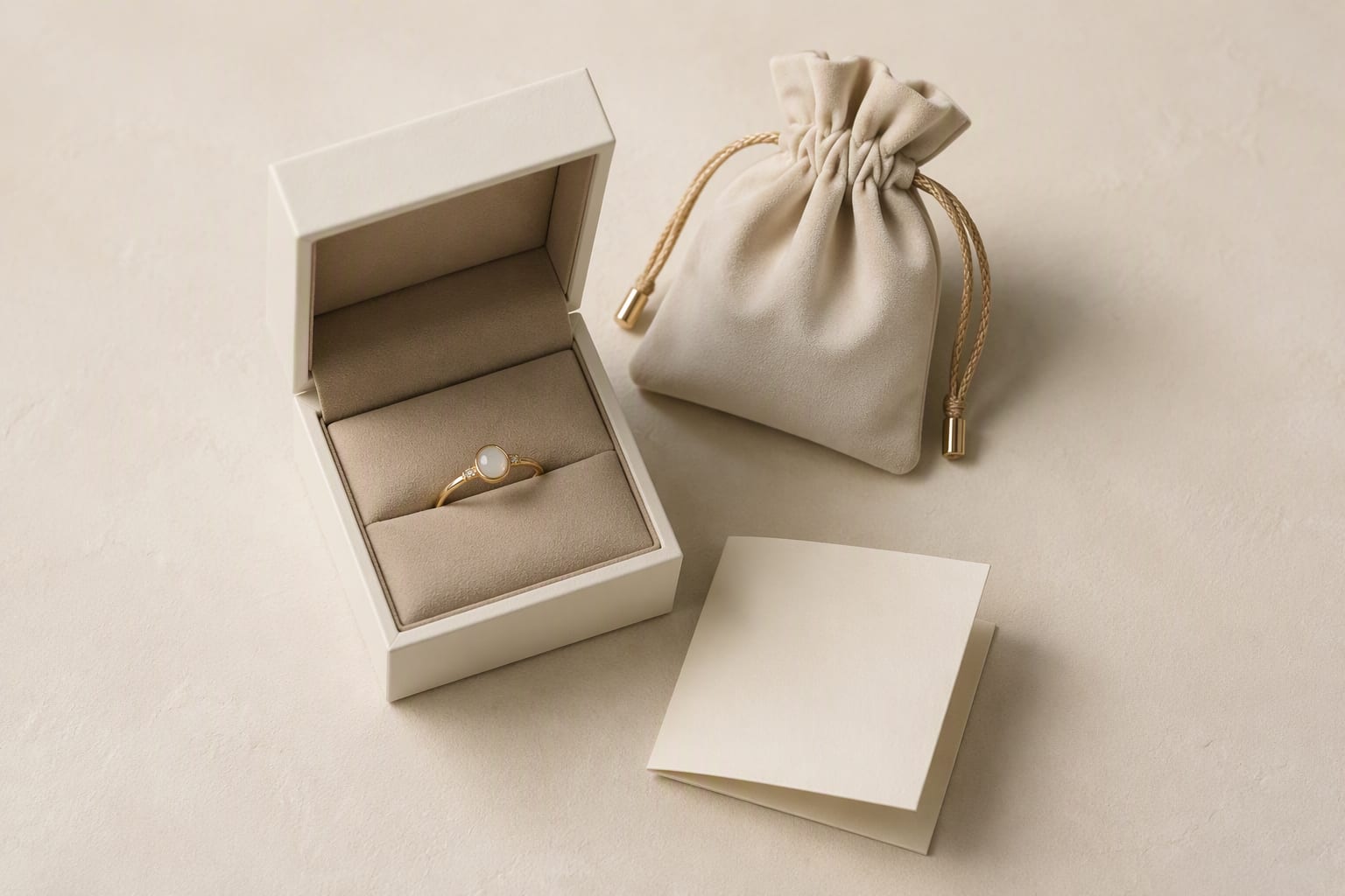 Blank unbranded jewellery box, suede insert and velvet pouch