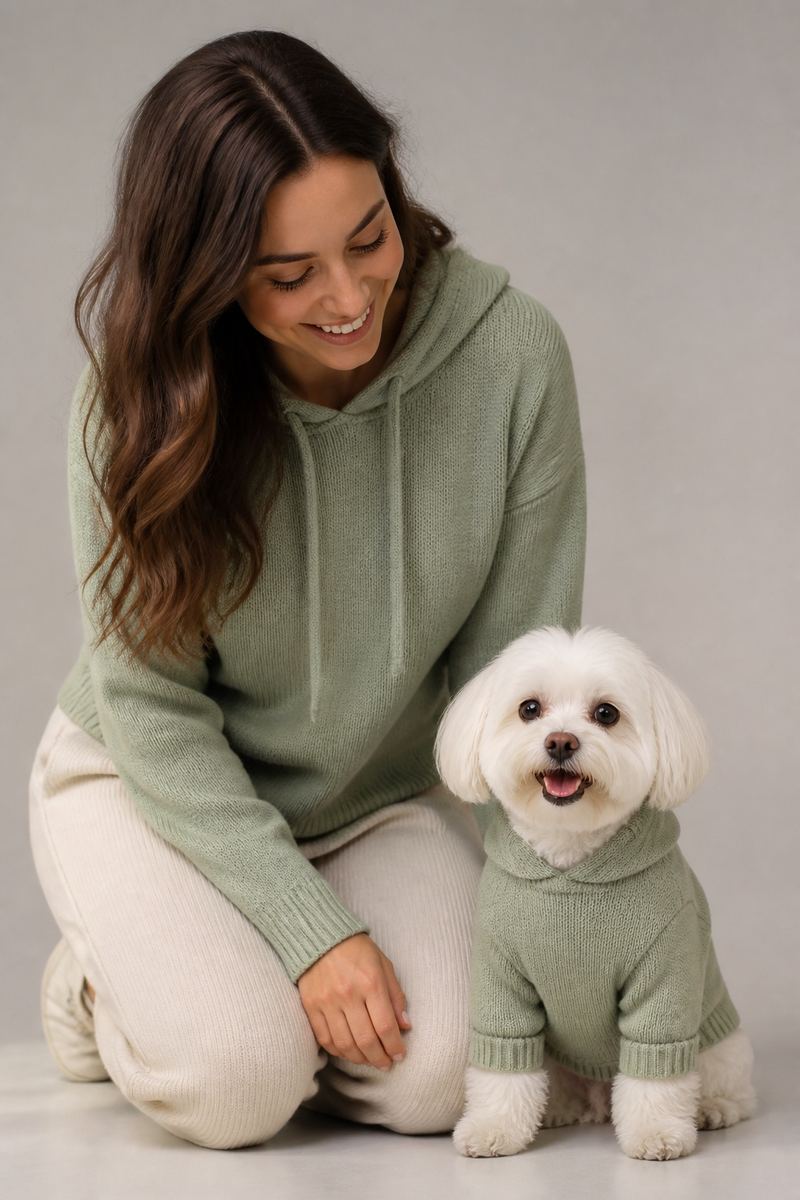 Woman and dog wearing matching sage-green knit hoodies