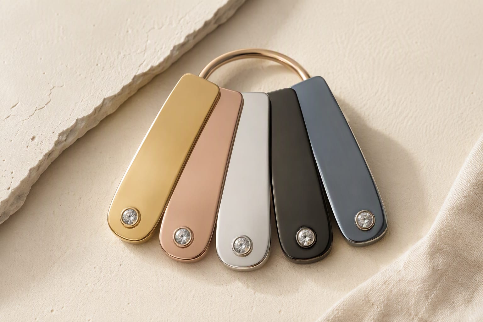 Fan of gold, rose gold, rhodium and black plating colour swatches