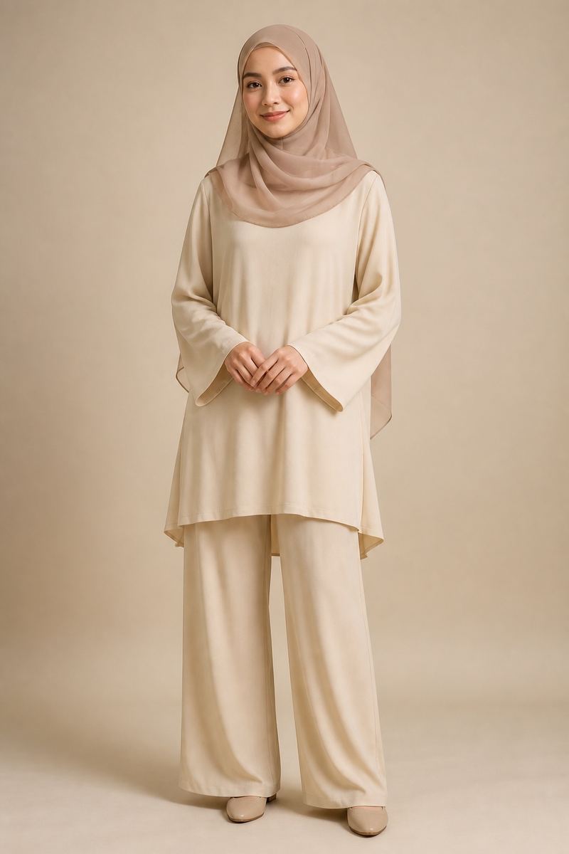 Two-piece modest prayer dress set in ivory tones — wholesale from Promistars