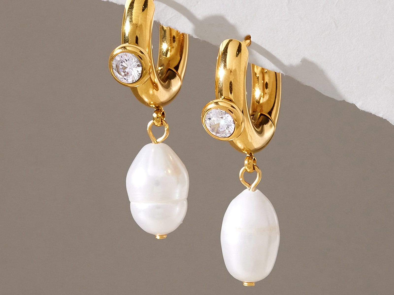 Baroque Pearl Bezel Hoops — detail