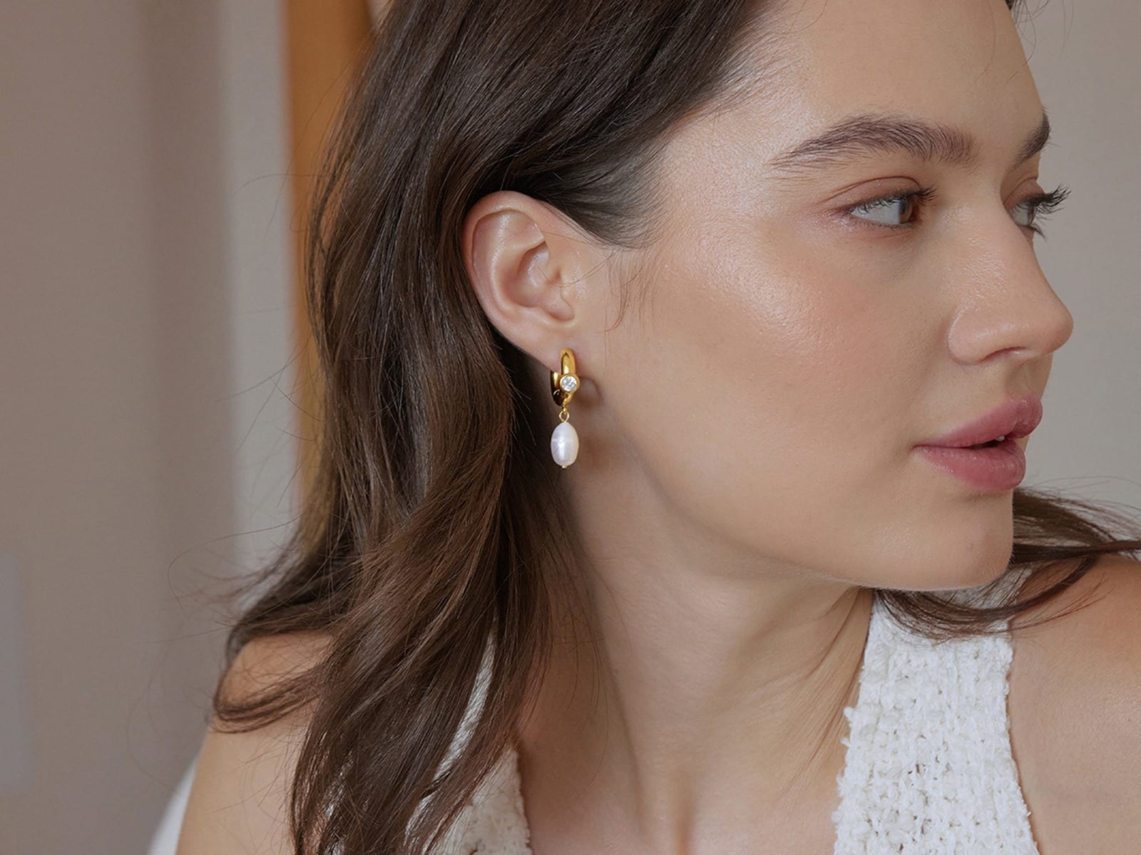Baroque Pearl Bezel Hoops — detail