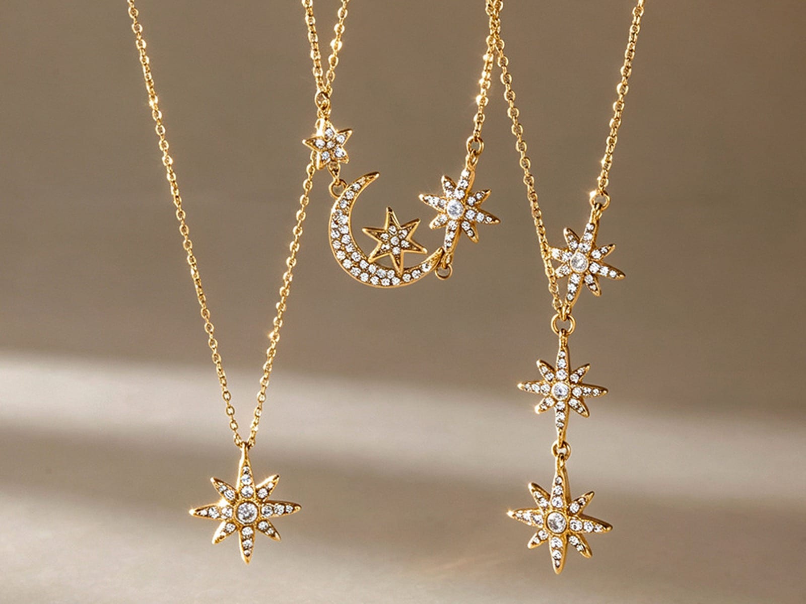 CZ Star & Moon Necklaces — detail