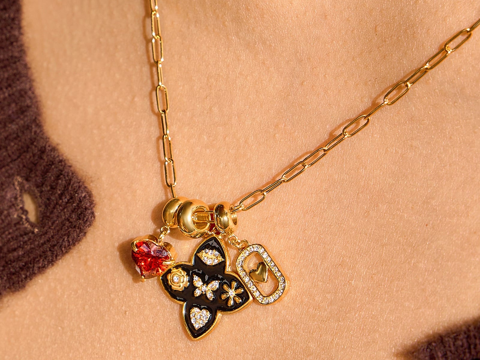 Enamel Clover & Heart Necklaces — detail