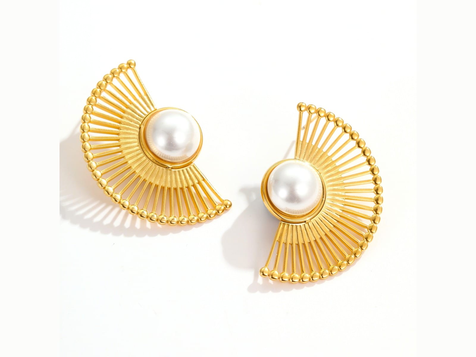 Fan and Pearl Drop Earrings — detail