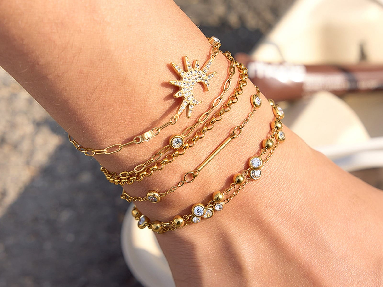 Gold Bar & CZ Stack Bracelets — detail