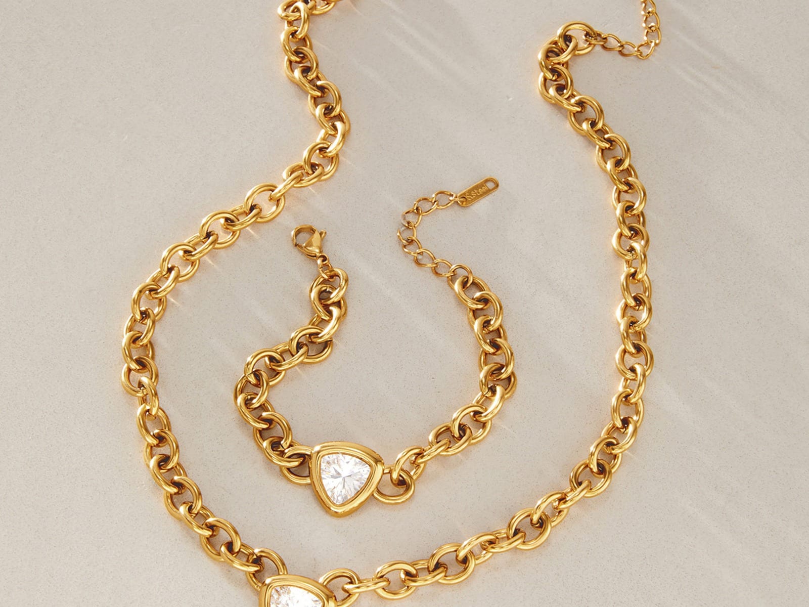 Heart CZ Chain Set, Necklace and Bracelet — detail