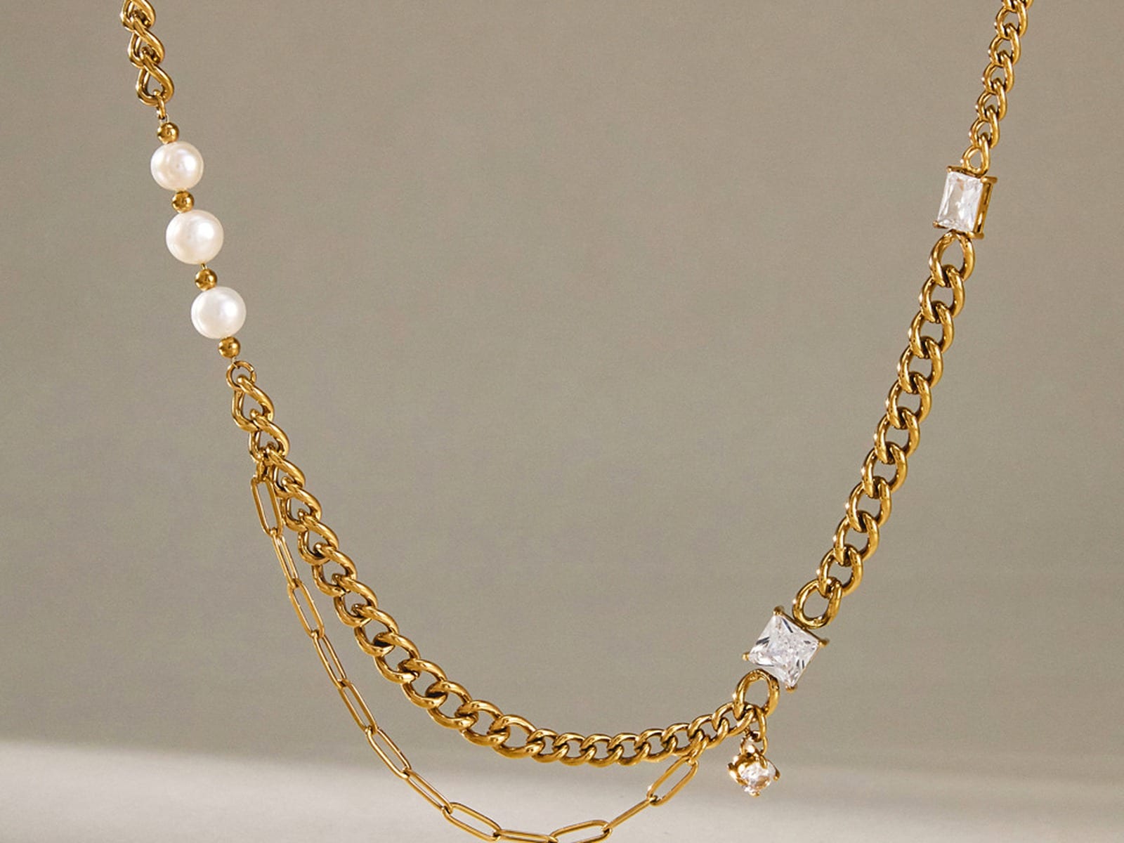 Pearl and Square CZ Layered Necklace — detail