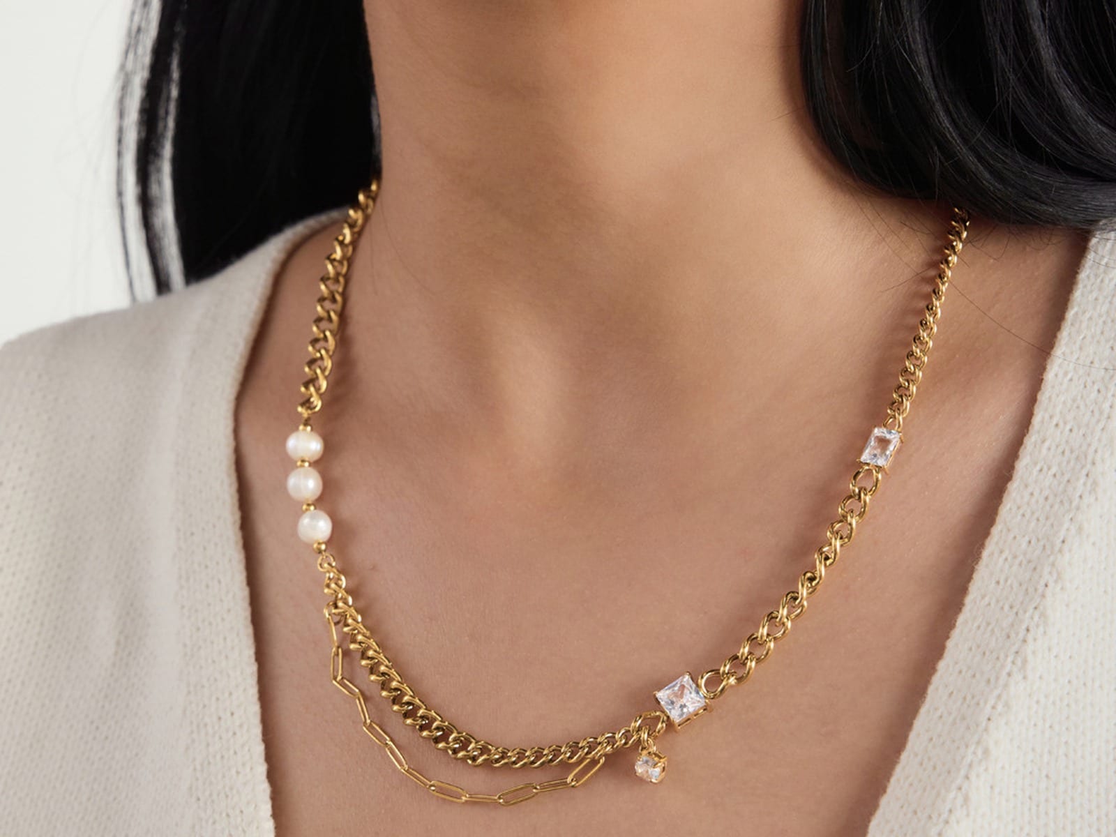 Pearl and Square CZ Layered Necklace — detail