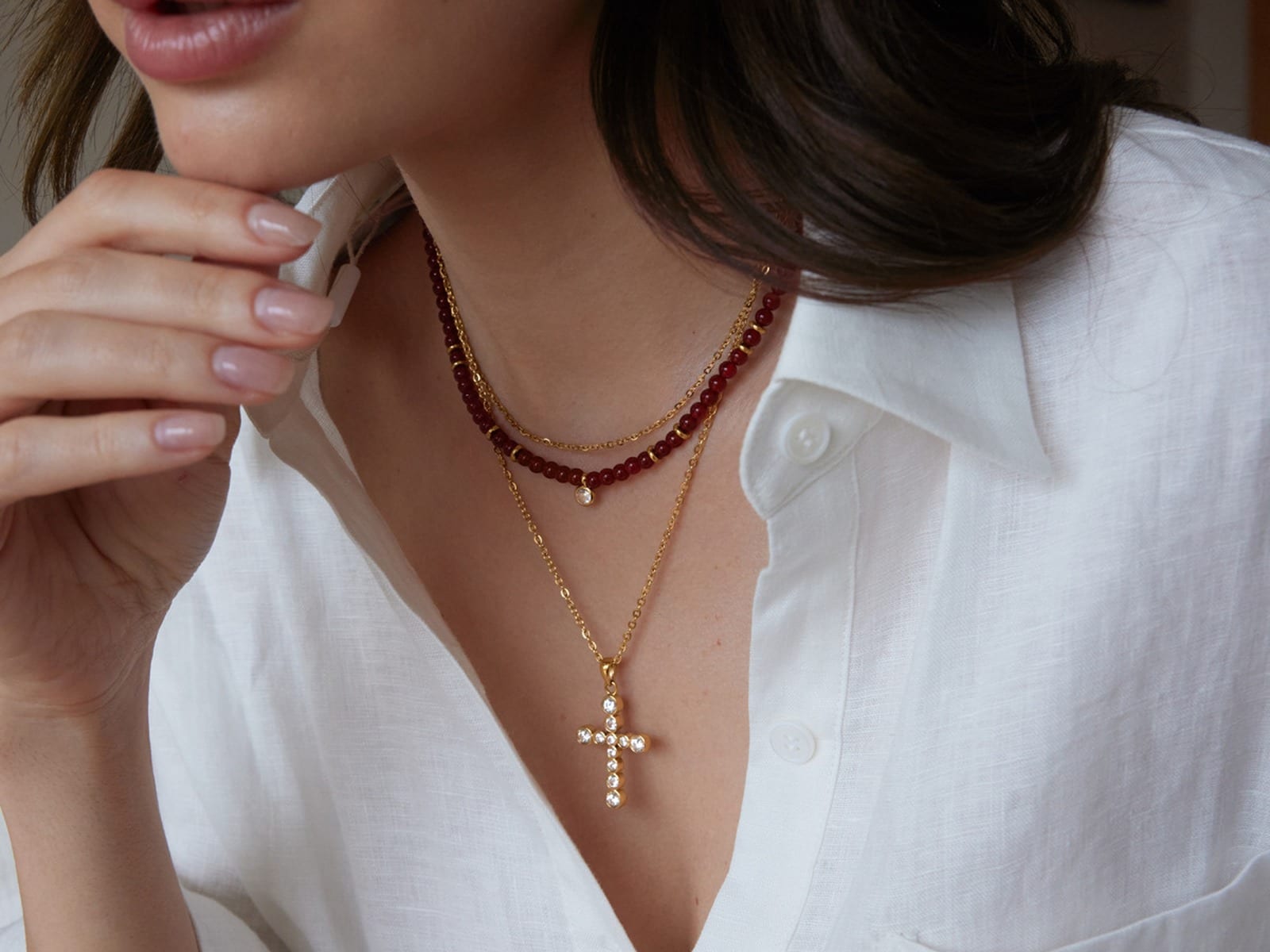 Red Bead and Cross Layered Necklace — detail