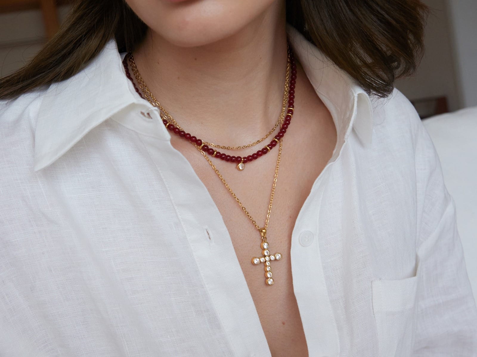 Red Bead and Cross Layered Necklace — detail