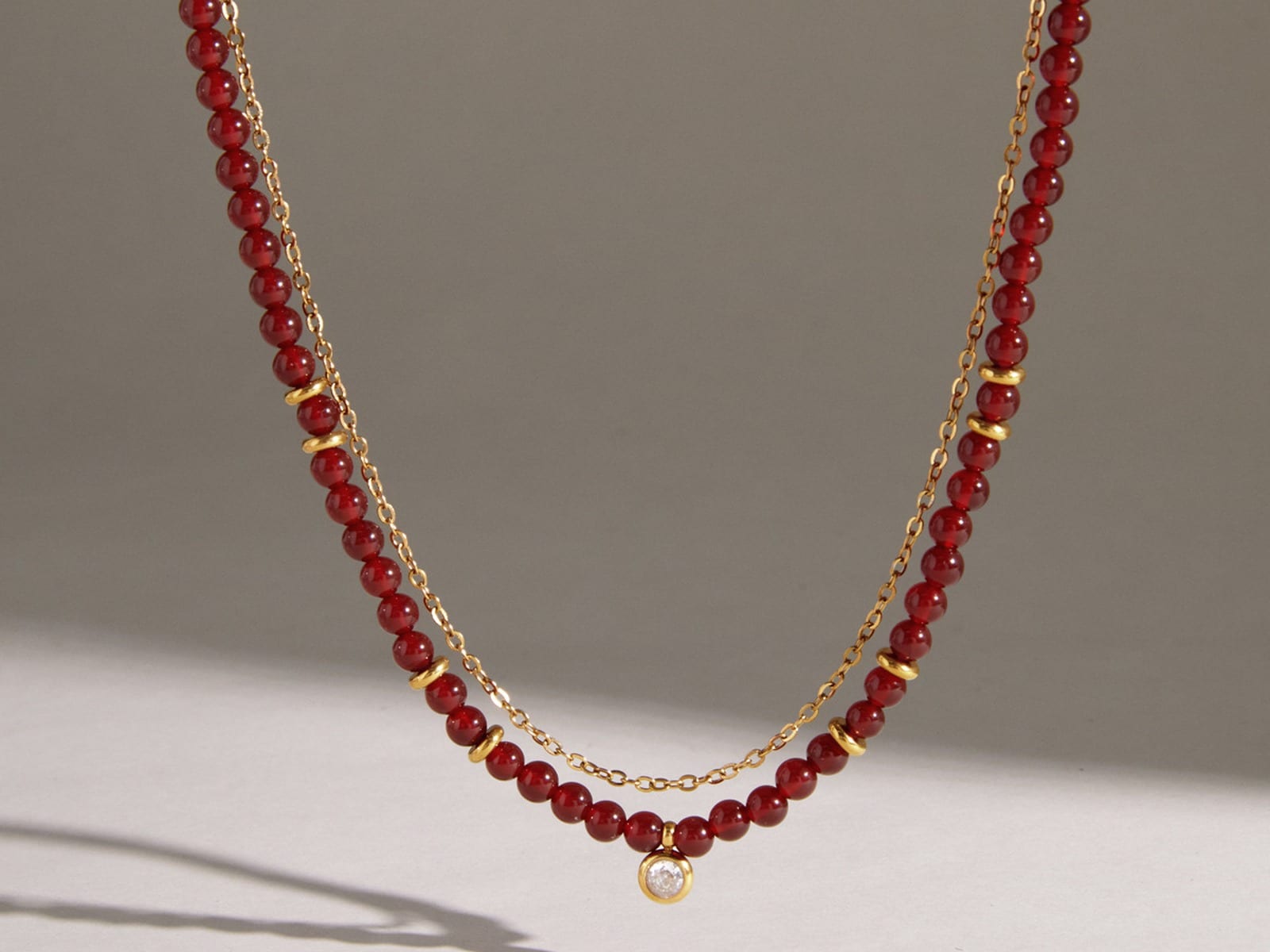 Red Bead and Cross Layered Necklace