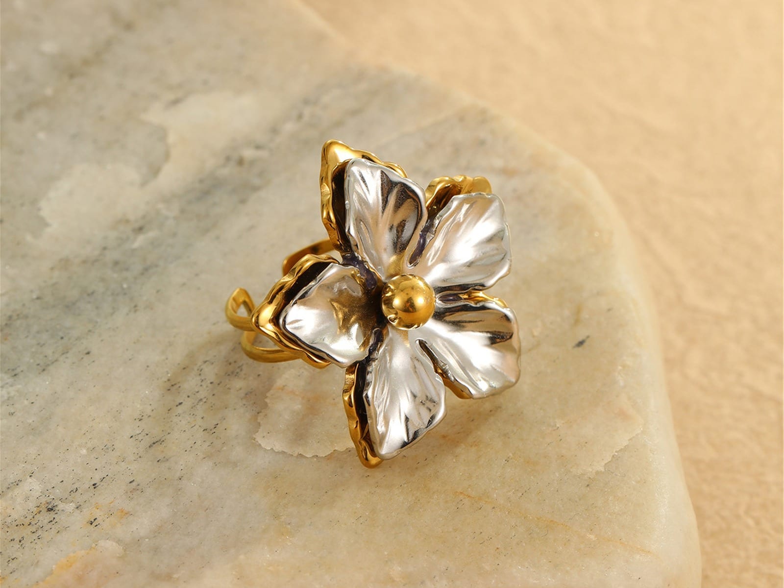 Silver Flower Statement Ring — detail