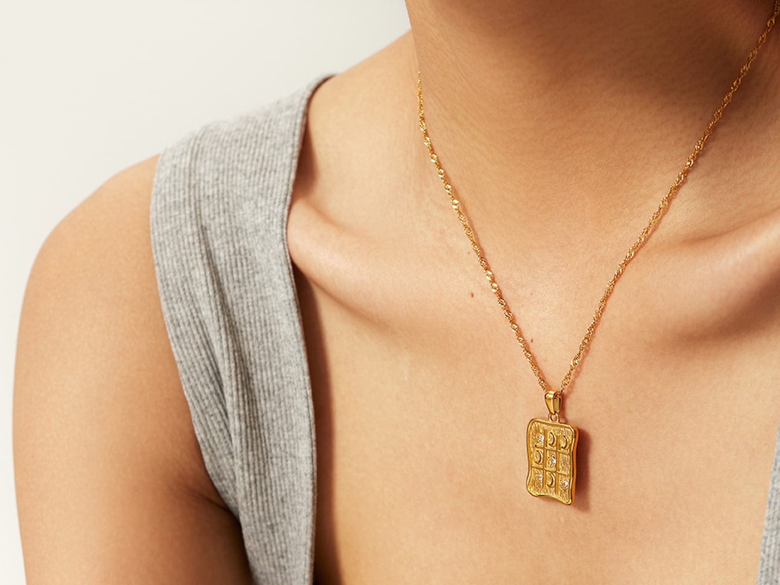 Stone & Tag Pendant Necklaces — detail