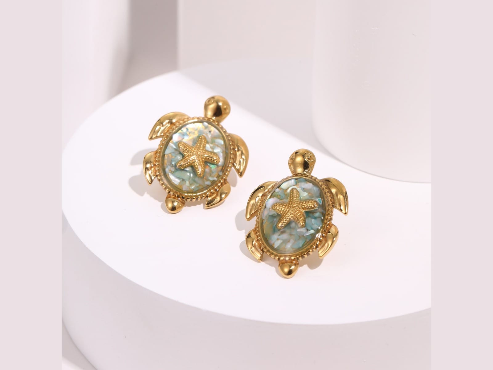Enamel Turtle and Starfish Earrings — detail